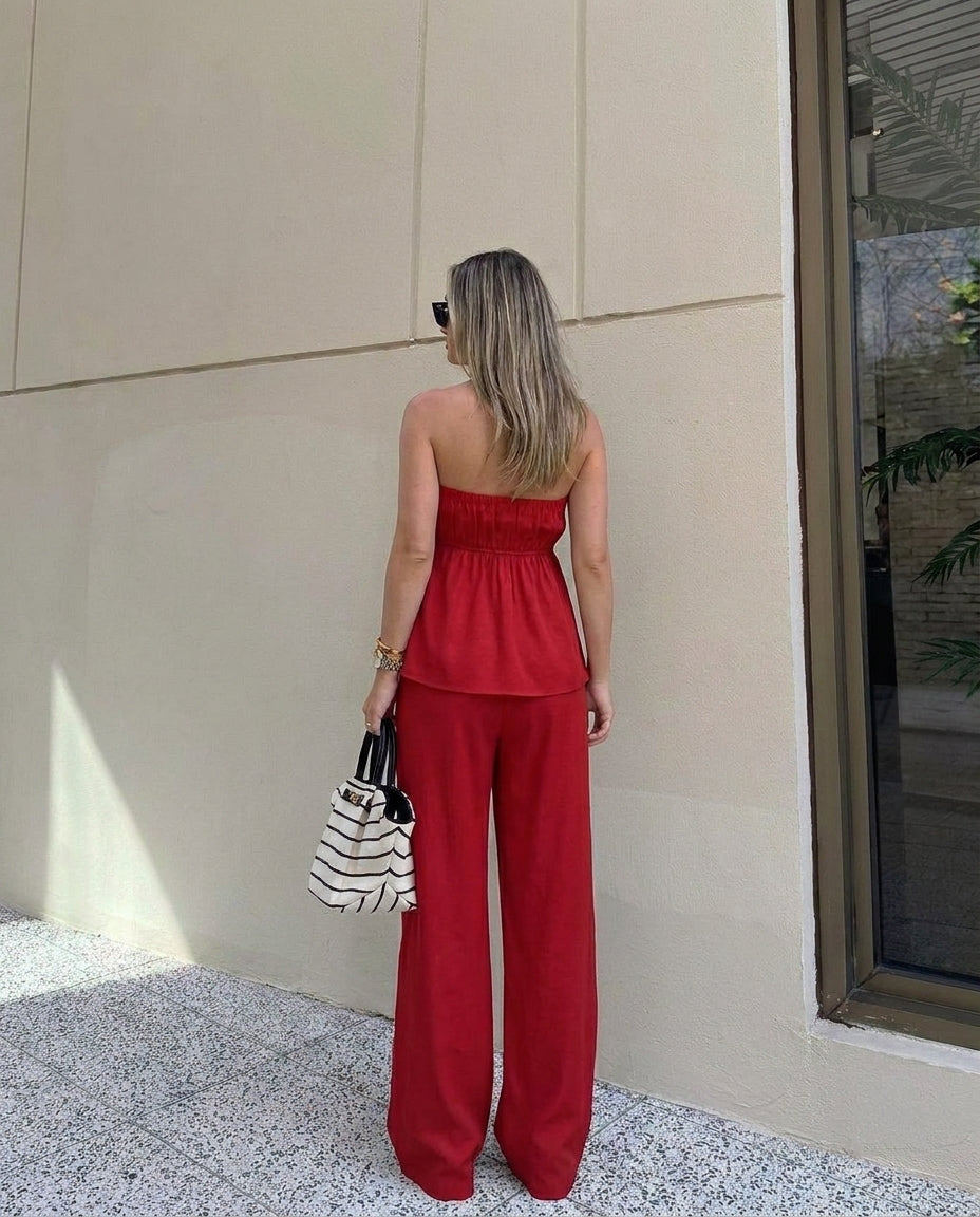 Cherry Red Bandeau Top And Pants Co Ord Set