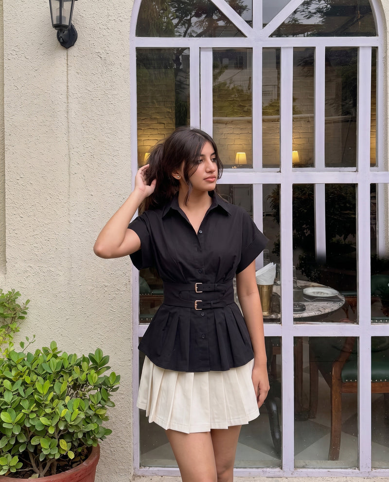 Black Pleated Belted Shirt