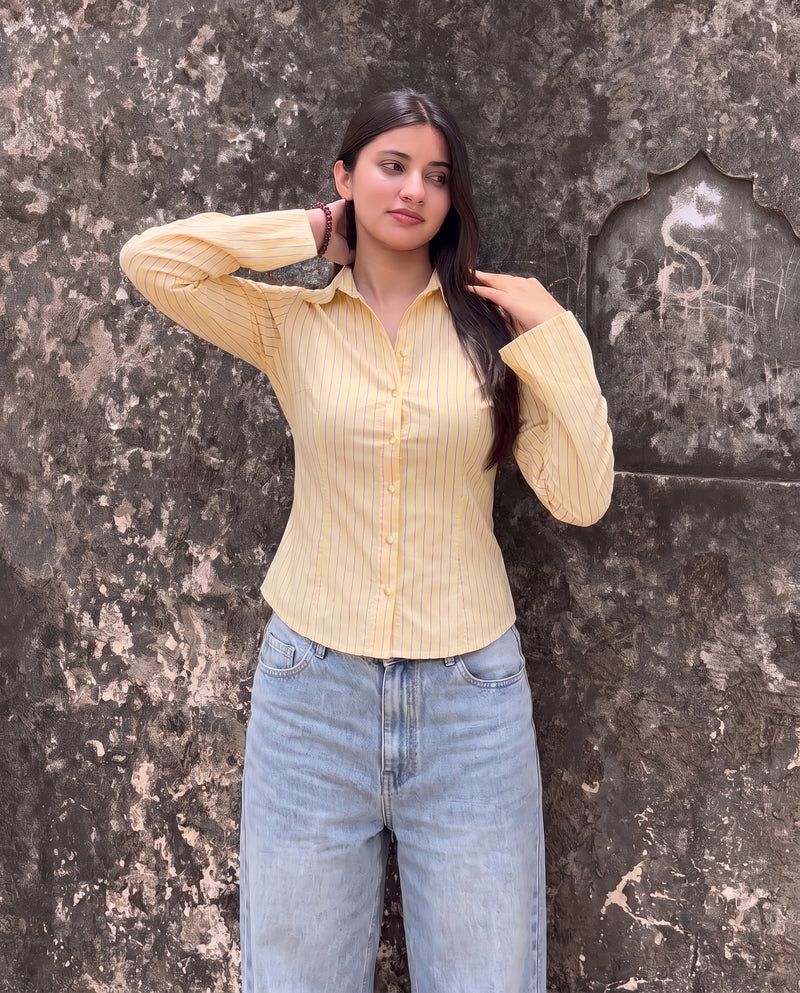 Pinstripes Flared Sleeves Shirt in Butter Yellow