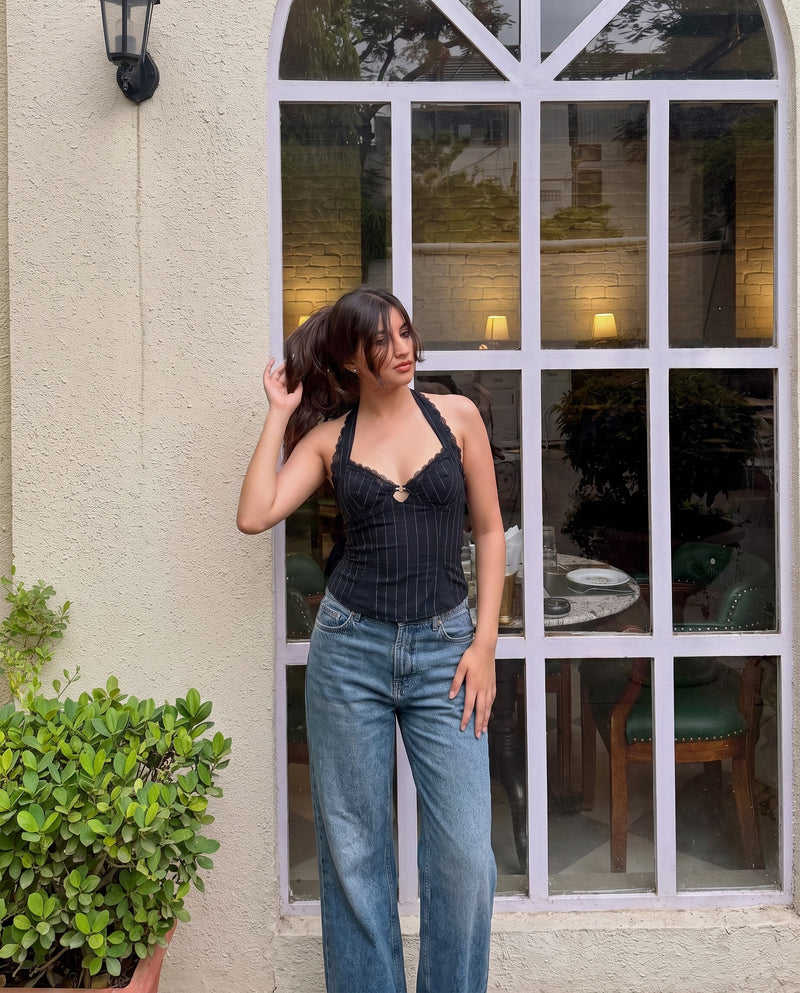Heart Halter neck Pinstripe top