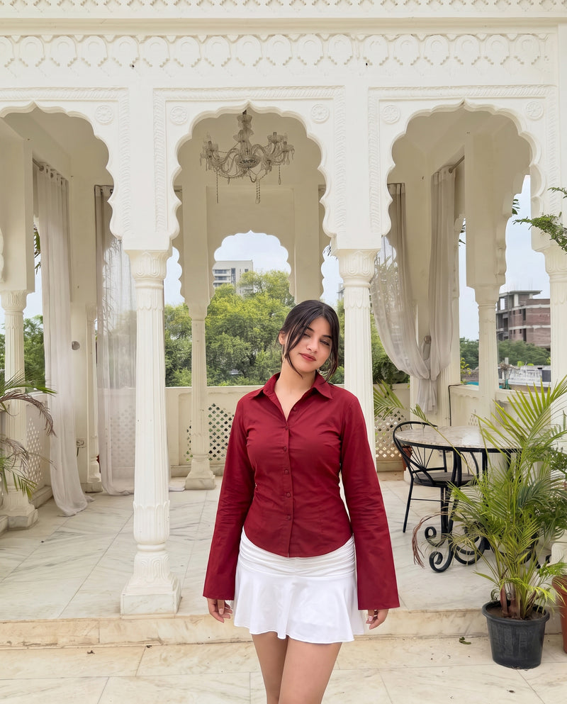 Cherry Red Flared Sleeves Shirt