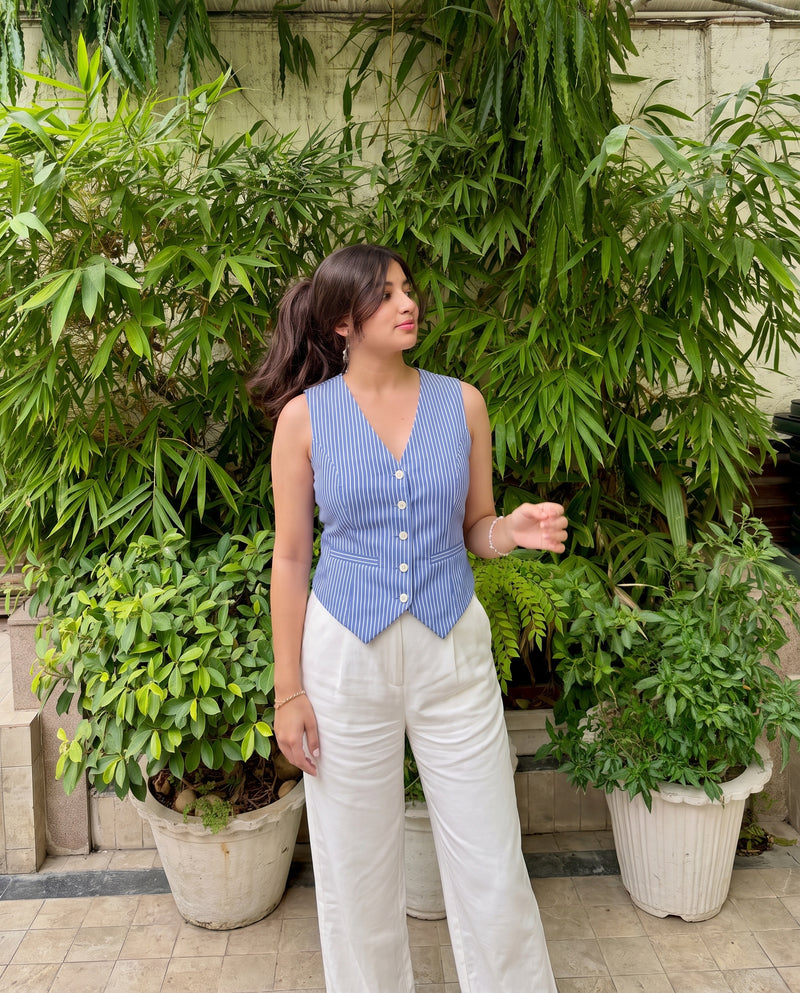 Pinstripes Blue Cotton Waistcoat