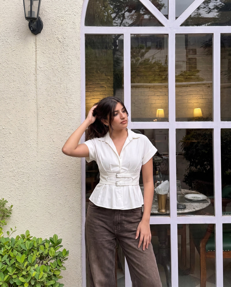 White Pleated Belted Shirt
