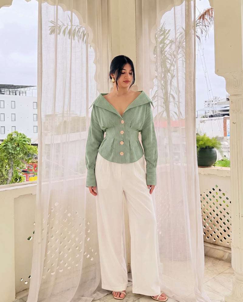 Shirt With Cinched Waist-Green Stripe
