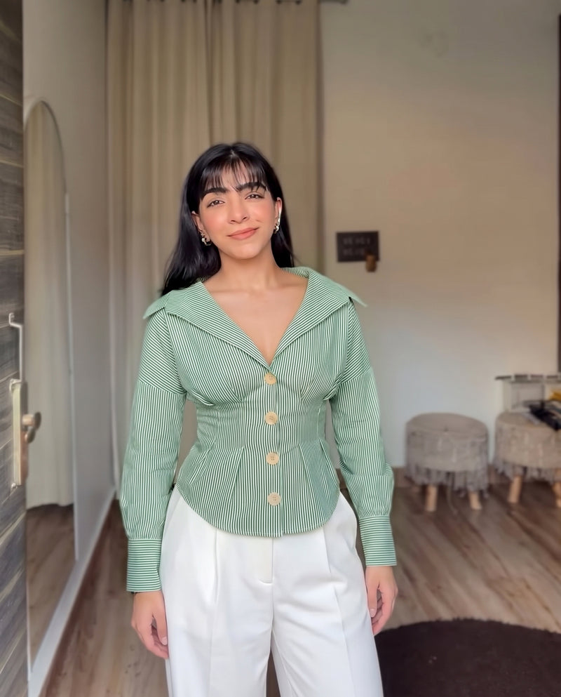 Shirt With Cinched Waist-Green Stripe
