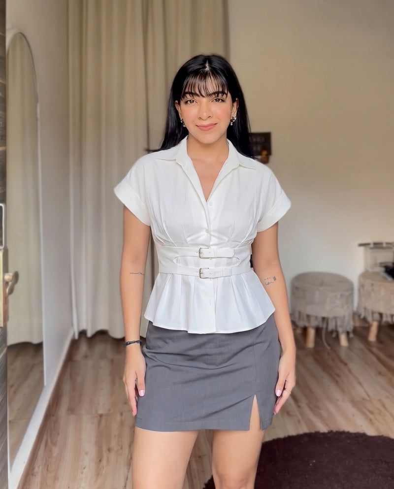 White Pleated Belted Shirt