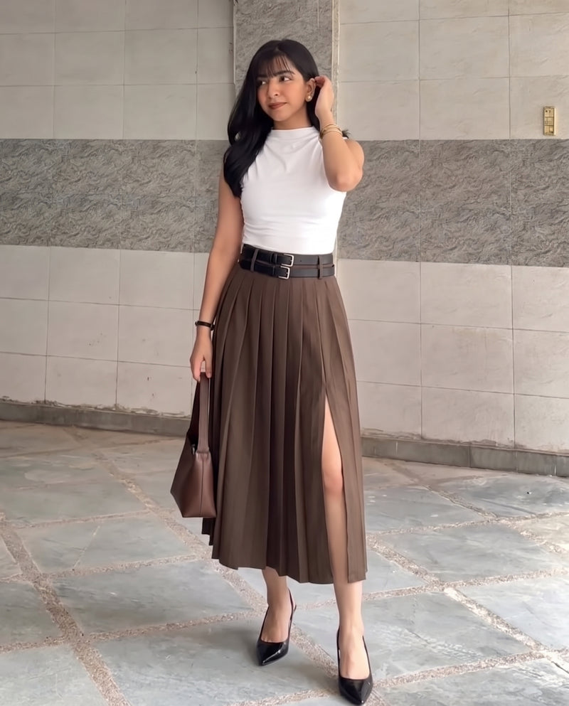 Pleated Slit Skirt With Detachable Belts - Brown