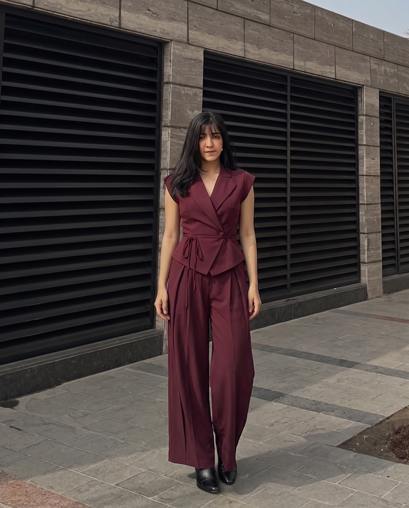 Maroon Tie Up Waist Coat Suit Set