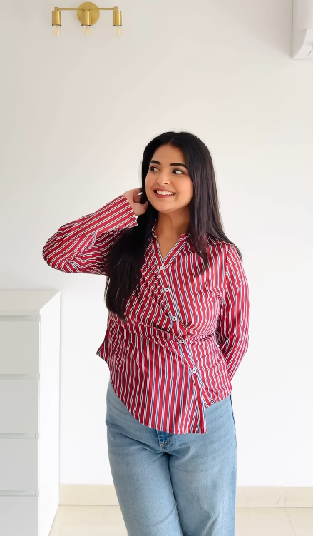 Red Stripe Asymmetric Hem Shirt