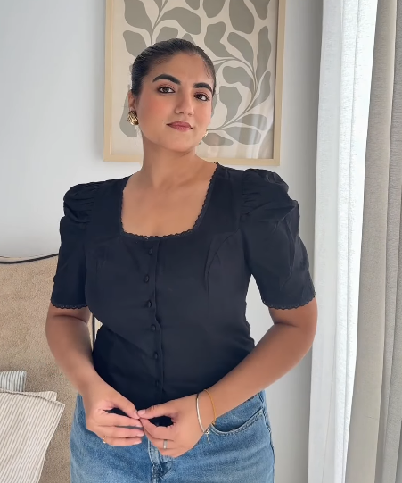 Lace-Trim Fitted Button-Up Top - Black