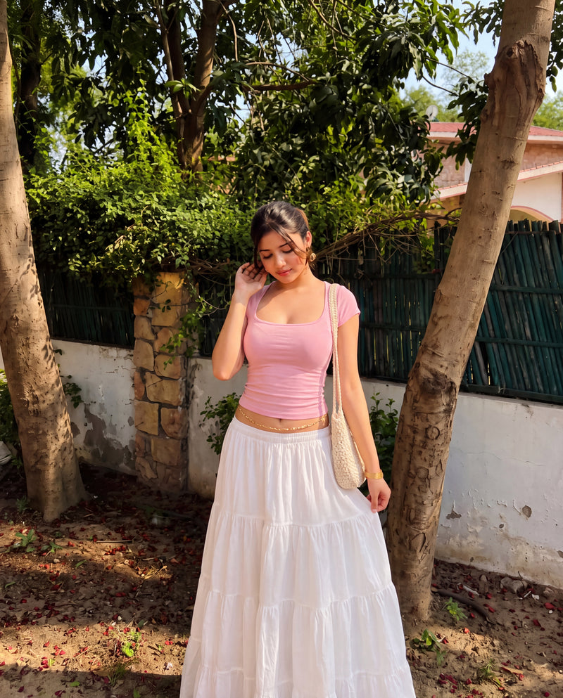 Pink Square neck Ribbed Top