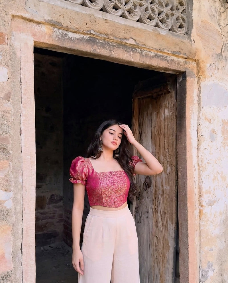 Paro Puff Sleeve Brocade Corset Blouse