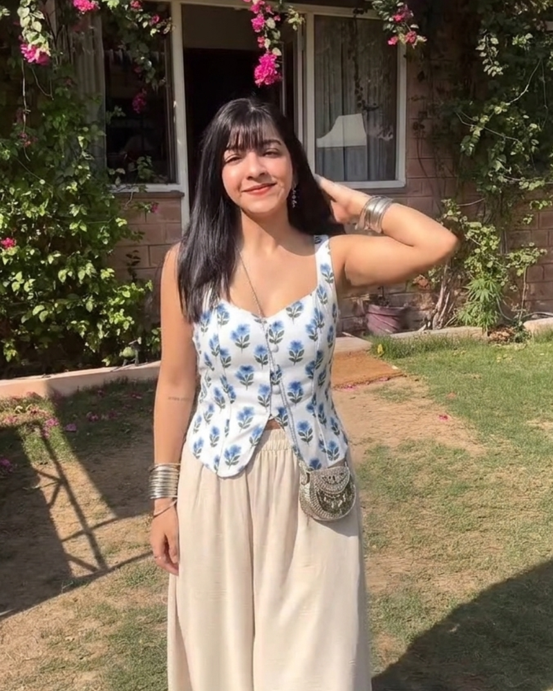 Indigo Block Print Corset Top