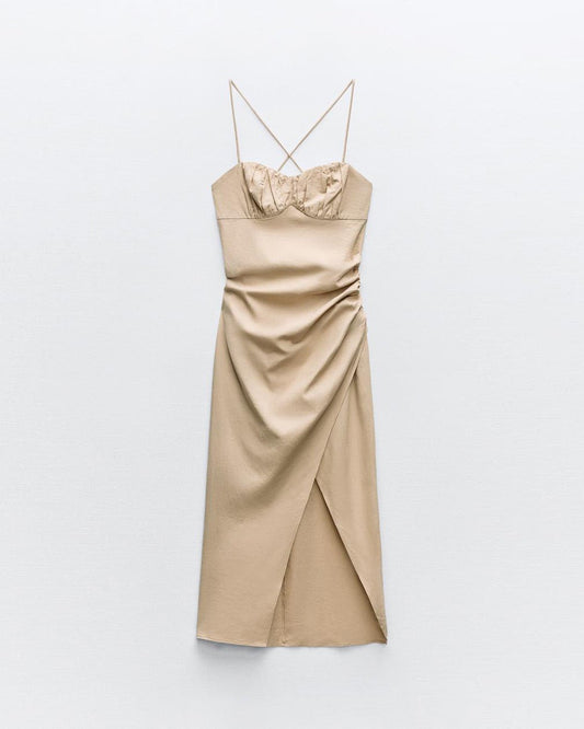 RUCHED MIDI DRESS,beach, beige, cami neck, casual, cotton, criss cross back, criss cross detail, dresses, midi, relaxed fit, ruched, sleeveless, slip, spaghetti strap, summer, woven,ruched-midi-dress-beige,Color- BeigeFabric- Cotton Type- Slip DressFit- Regular SlitLength- MidiNeck- Cami Neck  Sleeves- SleevelessStraps- Spaghetti Back- Criss Cross DetailsHem- Slit HemDetails- Ruched Waist & bust, criss cross back