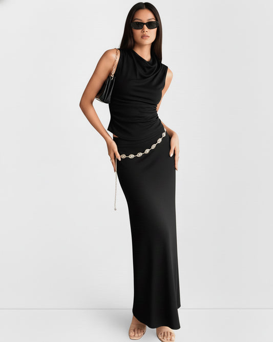 coord sets,tops,casual,summer,knitted, stretchable,ribbed,solid,gathered,skinny fit,fitted,regular,crew neck,long sleeves, OY305 black, 25100031GG