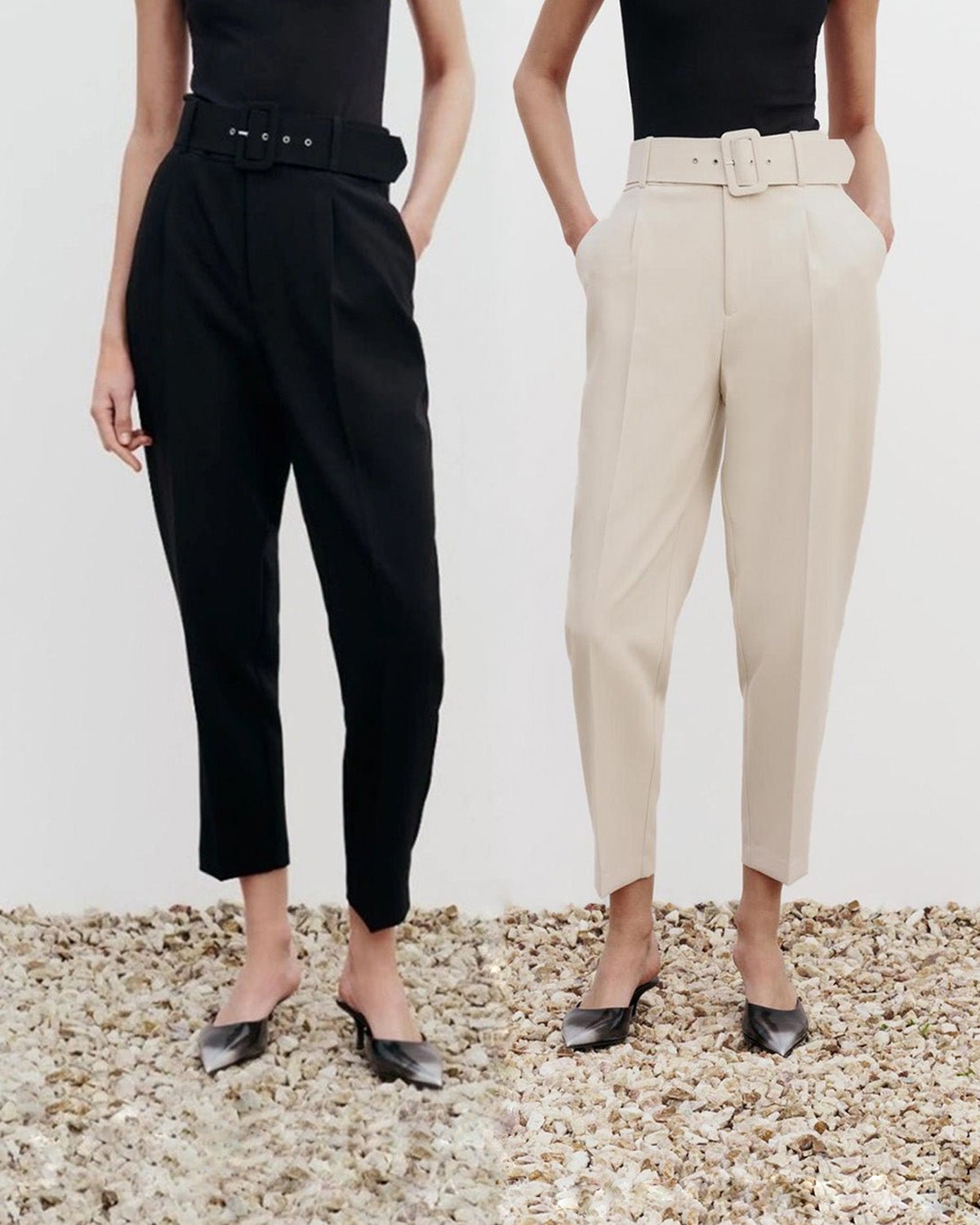 Beige, belt, black, bottomwear, bundle, full length, high rise, pants, polyester, semi-formal, spandex, straight fit, tapered, workwear, woven,set-of-two-belted-stretchable-pants,SET OF TWO BELTED STRETCHABLE PANTS,24120001BU