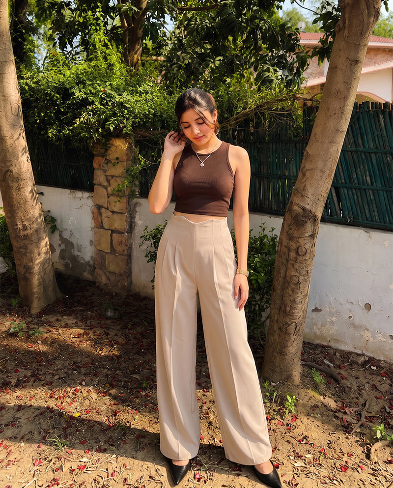 Corset Waist Pleated Pants - Beige