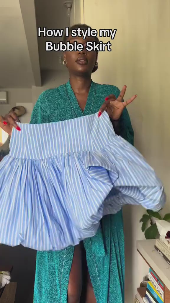 bottomwear,skirts,party, vacation,bold, summer, urban fit,woven,polycotton,lightblue,draped,relaxed fit,bubble skirt,mini,mid rise,BLUE PINSTRIPES BUBBLE SKIRT,OY1607,25010055GG