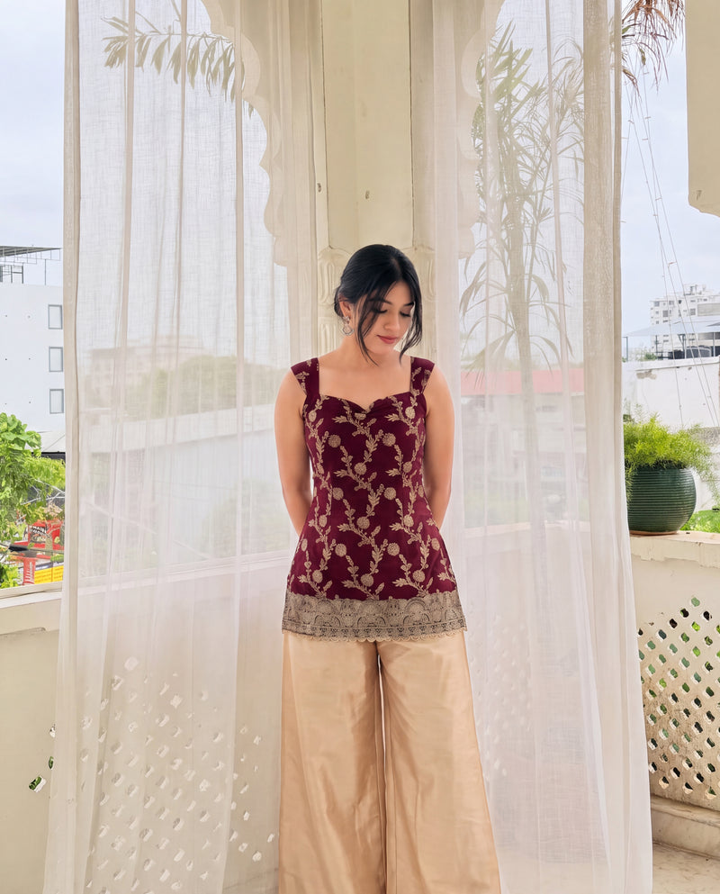 Burgundy & Gold Floral Brocade Sweetheart Neck Kurti