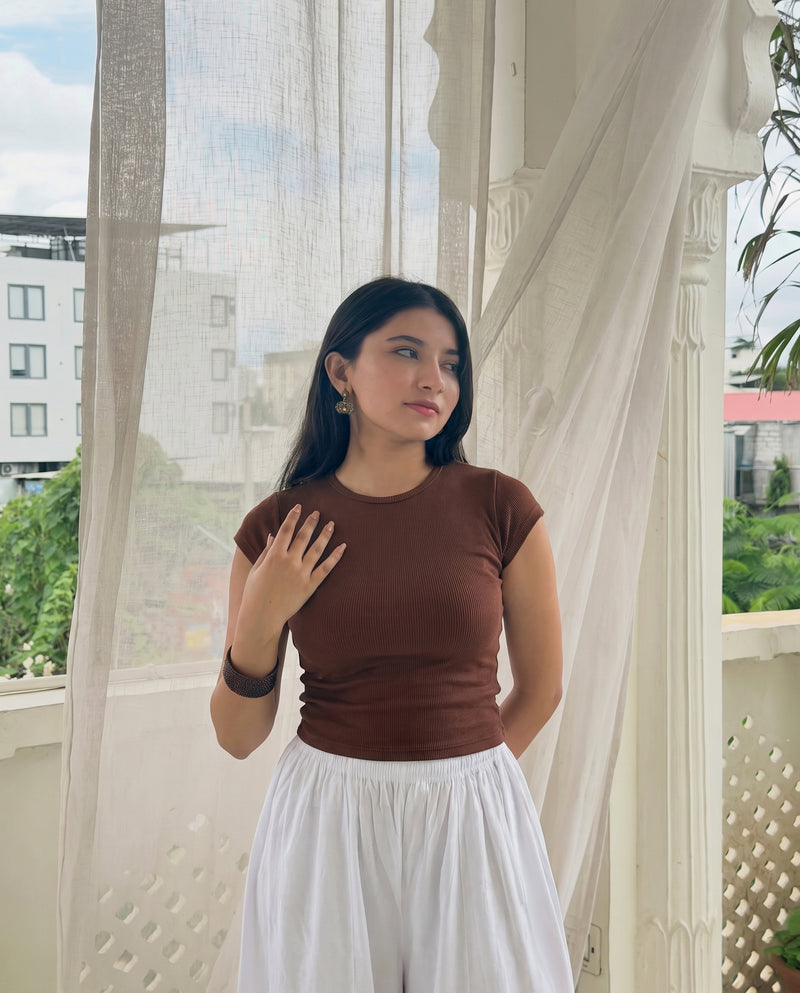 Brown Cap Sleeve Crop Top