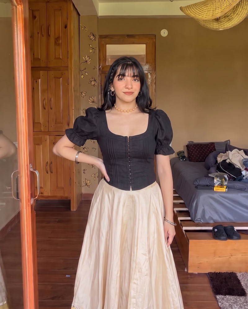 Paro Puff Sleeve Black Corset Top