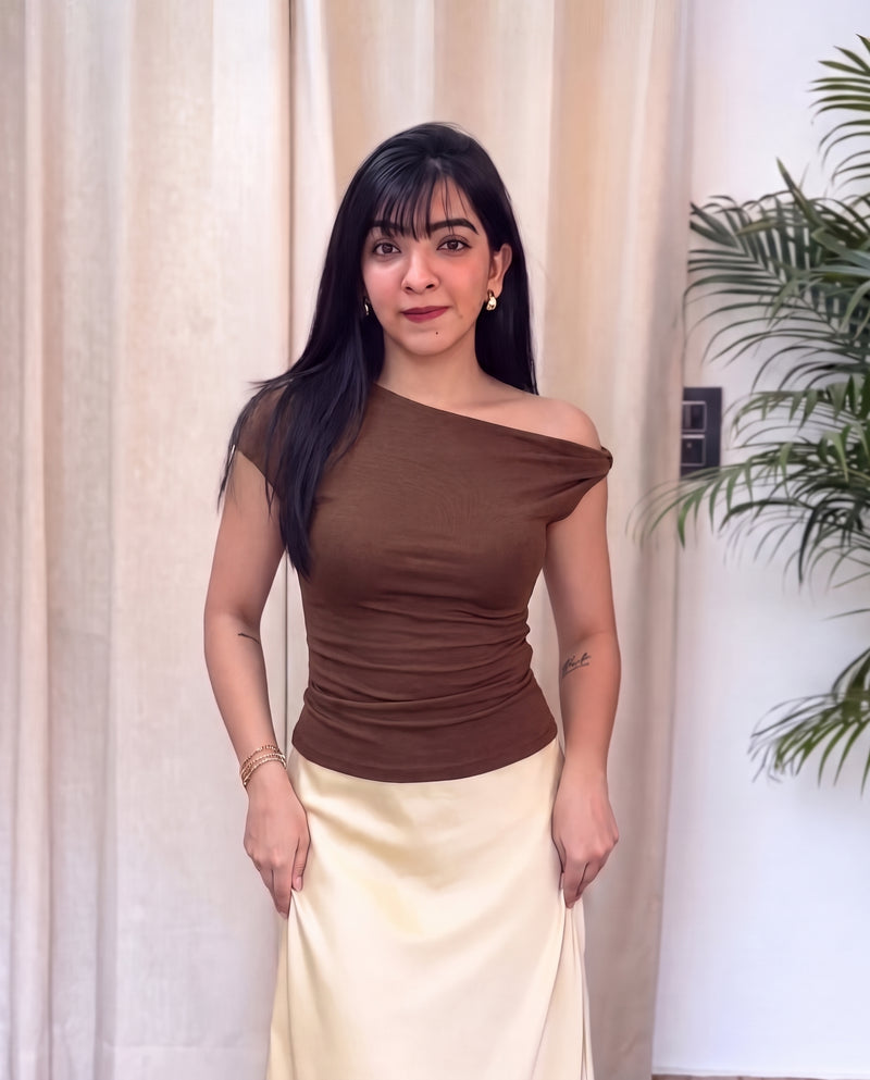Asymmetric Offshoulder Top - Brown