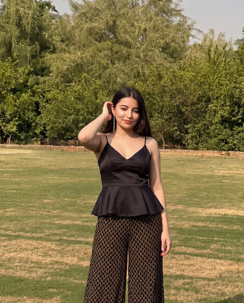 Black Spaghetti Strap V-neck Peplum Top