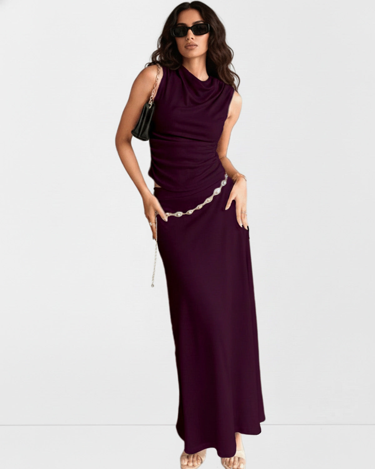 coord sets,tops,casual,summer,knitted, stretchable,ribbed,solid,gathered,skinny fit,fitted,regular,crew neck,long sleeves, OY305 wine, 25100030GG