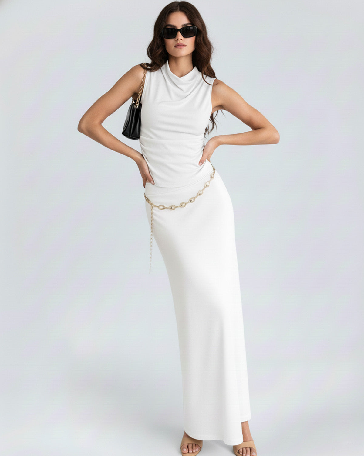 coord sets,tops,casual,summer,knitted, stretchable,ribbed,solid,gathered,skinny fit,fitted,regular,crew neck, long sleeves, OY305 white, 25100029GG