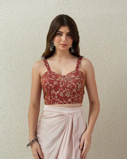 topwear,tops,ethnic, indo-western,ethnic wear, festive wear, indian wear, summer,woven,brocade,banarasi brocade,rust,floral pattern,textured,zipper,skinny fit,crop,crop,straight hem,sweetheart neck,shoulder strap,no sleeves,sleeveless	OY2091 rust, 25070046GG