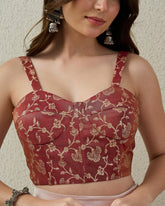 topwear,tops,ethnic, indo-western,ethnic wear, festive wear, indian wear, summer,woven,brocade,banarasi brocade,rust,floral pattern,textured,zipper,skinny fit,crop,crop,straight hem,sweetheart neck,shoulder strap,no sleeves,sleeveless	OY2091 rust, 25070046GG