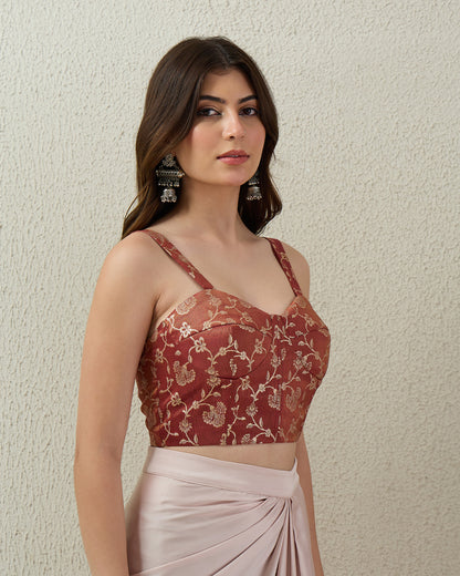 topwear,tops,ethnic, indo-western,ethnic wear, festive wear, indian wear, summer,woven,brocade,banarasi brocade,rust,floral pattern,textured,zipper,skinny fit,crop,crop,straight hem,sweetheart neck,shoulder strap,no sleeves,sleeveless	OY2091 rust, 25070046GG