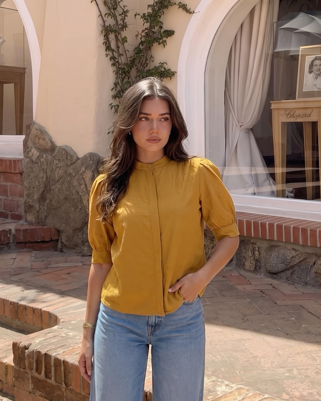 Mustard Mandarin Collar Puff Sleeve Top