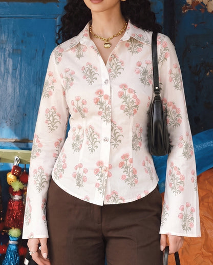 White Block Print Bell Sleeve Top