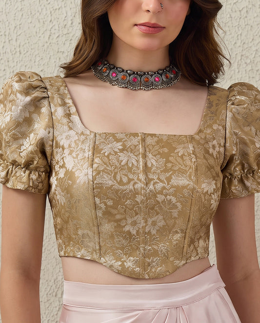 Gold Puff Sleeves Brocade Corset Top