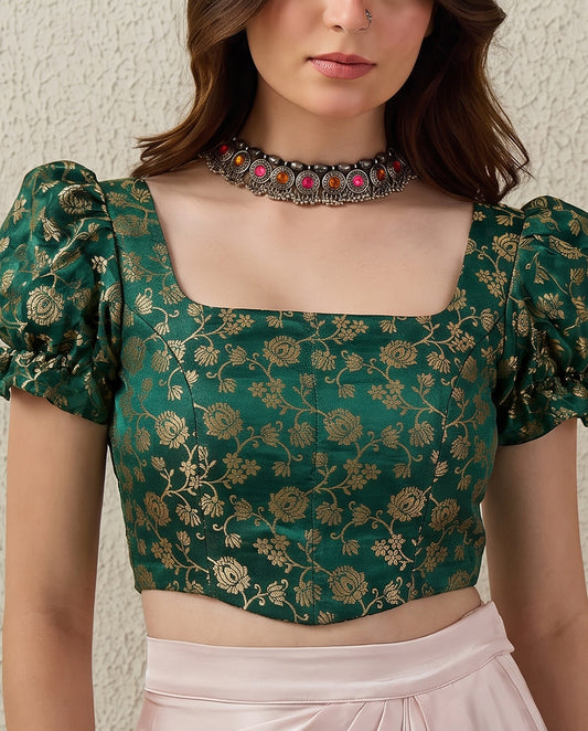 Teal Green Puff Sleeves Brocade Corset Top