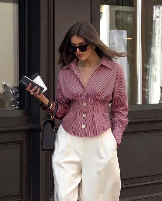 Burgundy Stripe Shirt With Cinched Waist