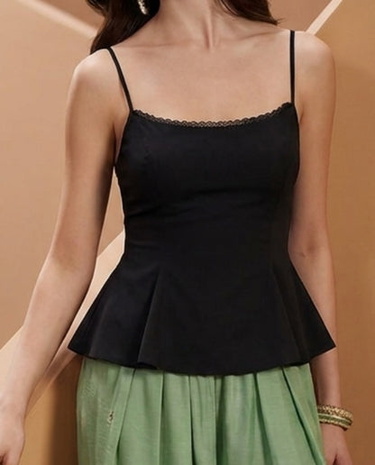 Lace Trim Black Peplum Top