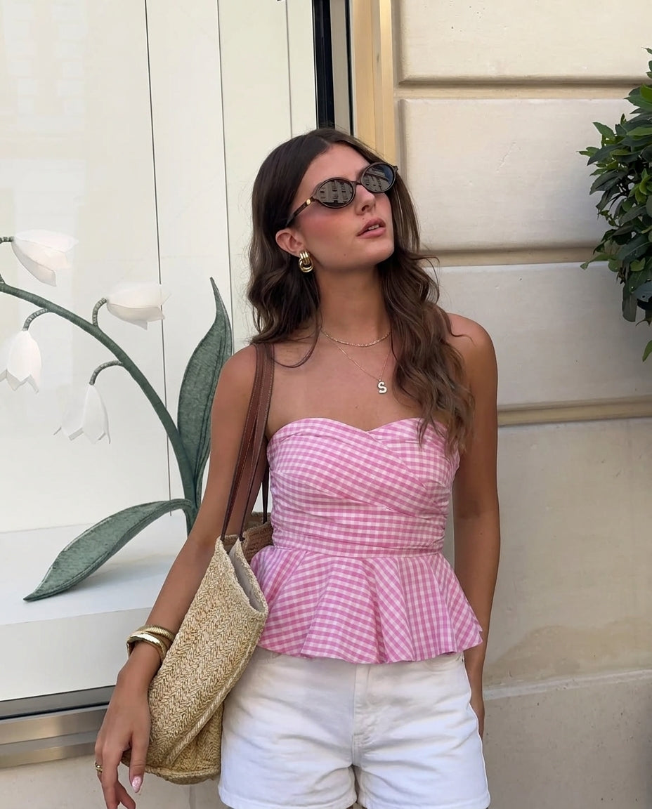 Pink Gingham Stripes Bandeau Top