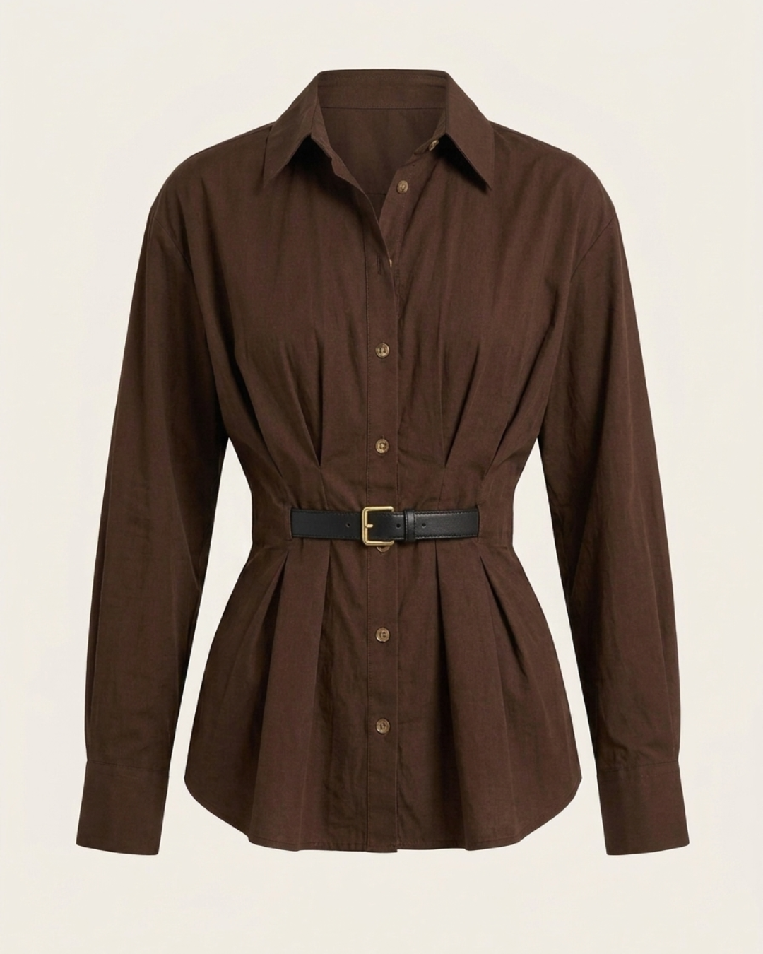 Button Down Belted Shirt -Chocolate Brown