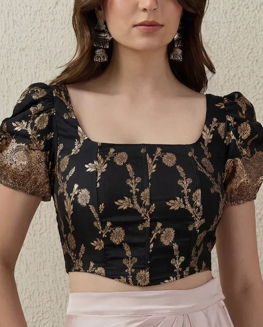 Black Puff Sleeves Brocade Corset Top