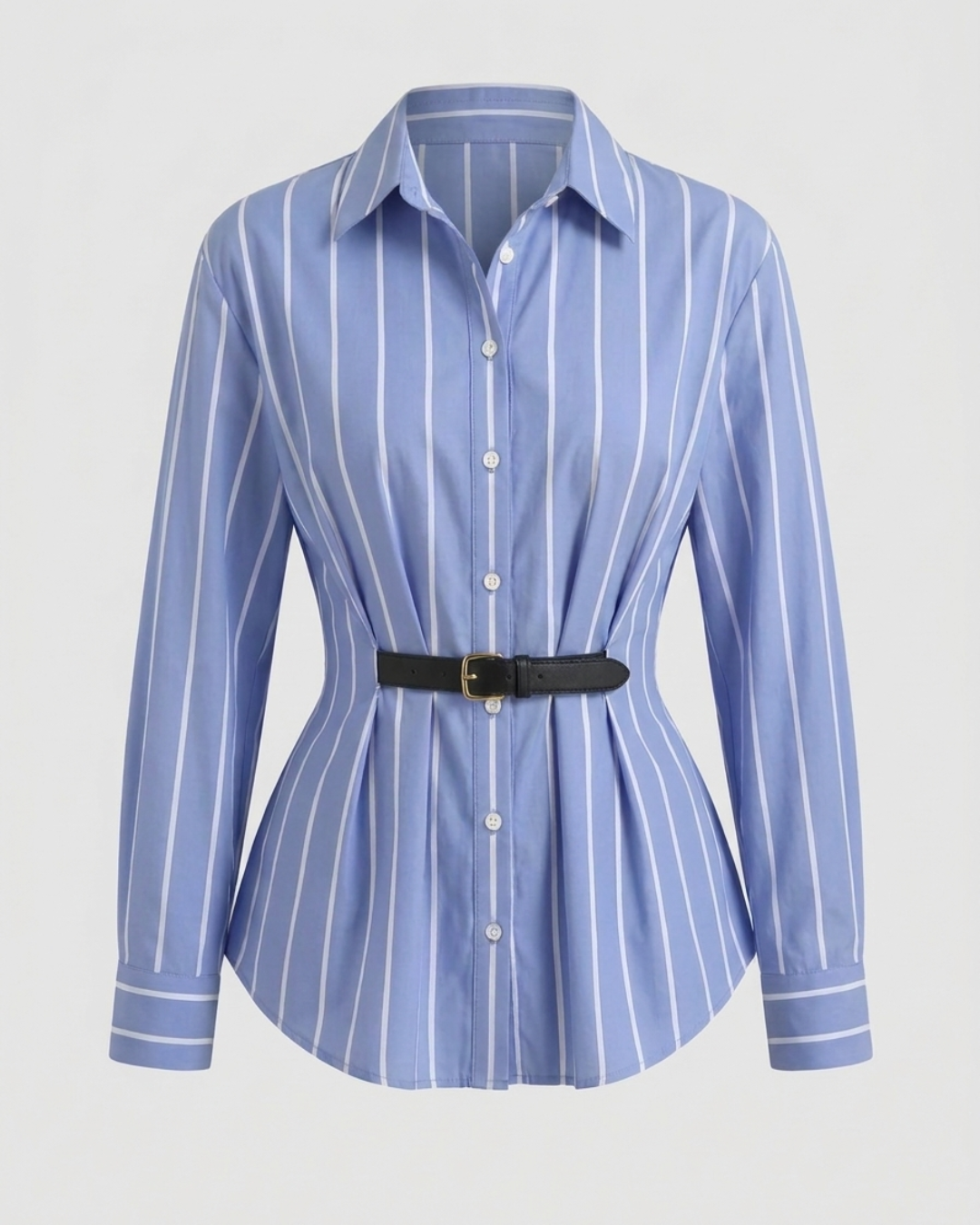 Button Down Belted Shirt -Blue Stripe