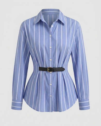 Button Down Belted Shirt -Blue Stripe
