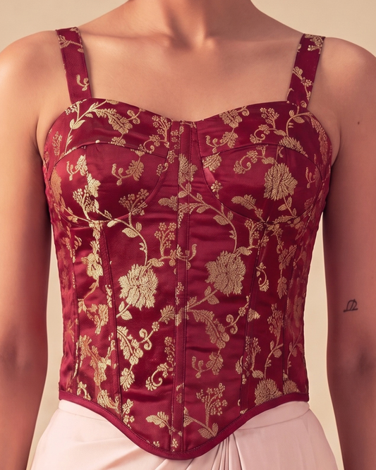 Red Wine Opulence Brocade Corset Top