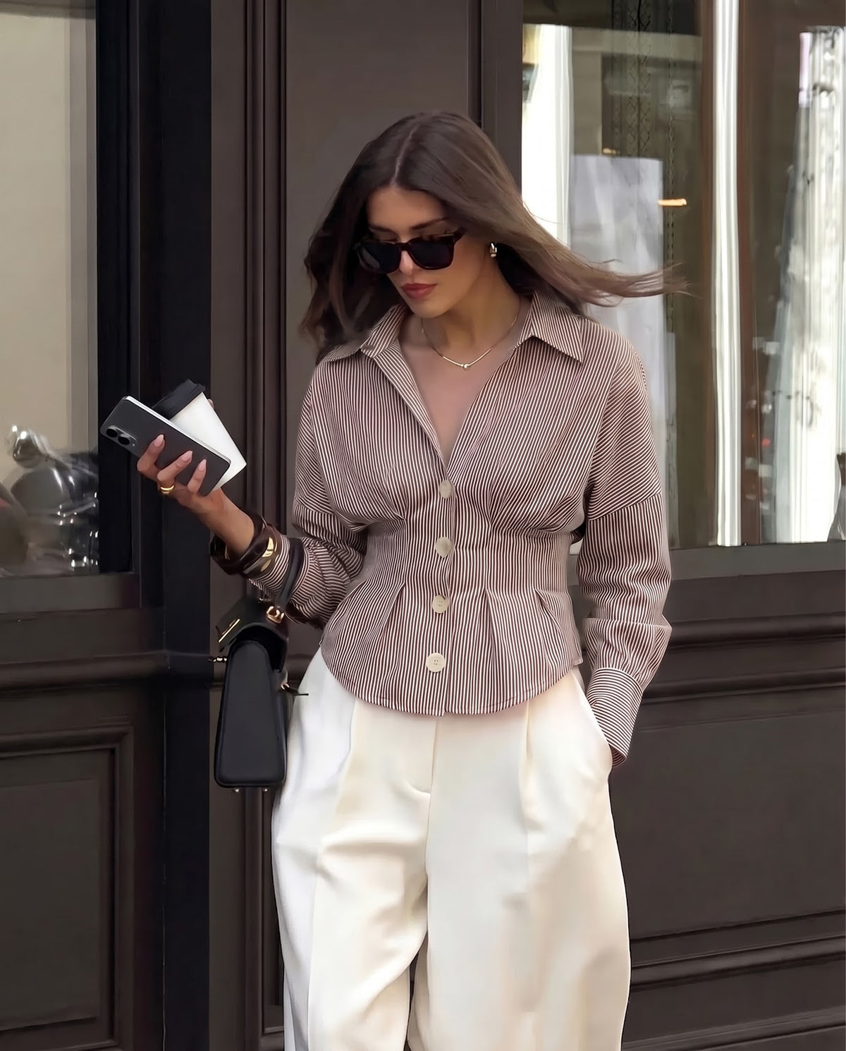 Shirt With Cinched Waist - Brown Stripe