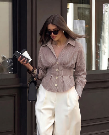 Shirt With Cinched Waist - Brown Stripe