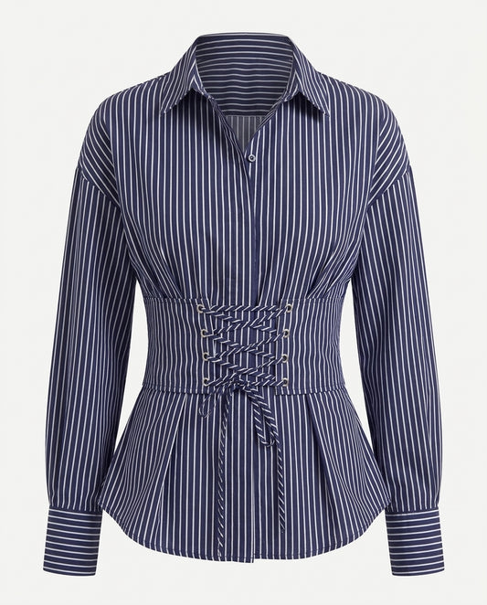 Corset Waist Laceup Shirt - Navy