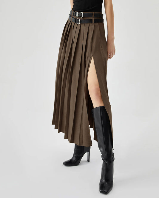 Brown Pleated Split Skirt With Two Detachable Belts