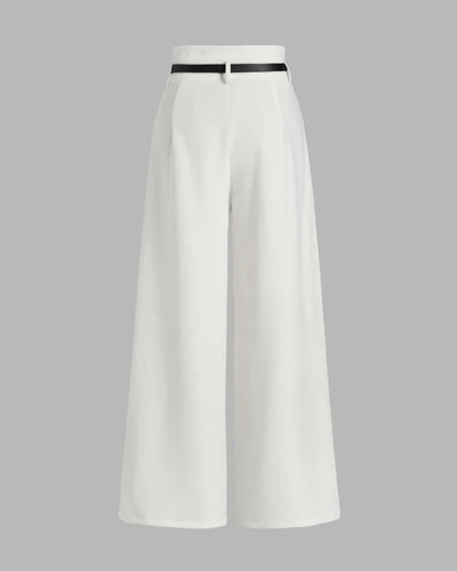bottomwear,pants,semi-formal,business outfit,stretchable,polyester, spandex,white,pleated,tailored fit,wide leg,full length,high rise, 24090003GG, OY959