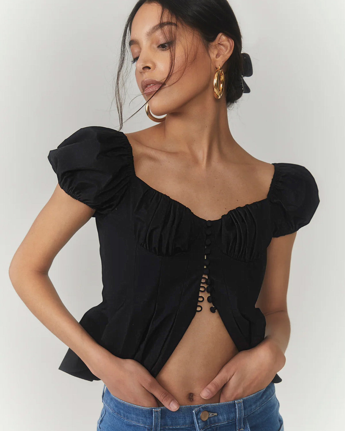 topwear,tops,outdoor events,glam, minimal, summer,woven,cotton,black,solid,ruched,,skinny fit,peplum,waist length,flared hem,sweetheart neck,,puff sleeves,short sleeves, OY1902	,25060002GG